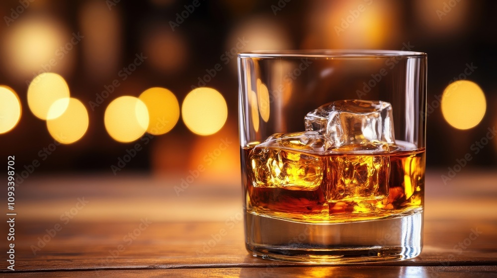 A glass of liquor with ice cubes in it