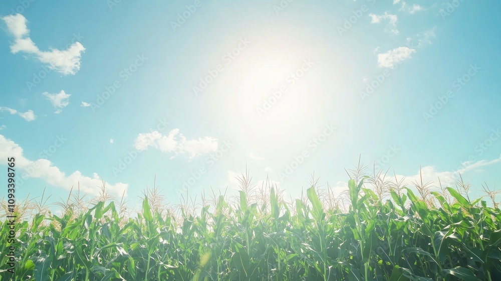 Obraz premium Lush green cornfield stretching towards a vibrant blue sky illuminated by the sun, ideal for showcasing agriculture and cereal production themes.