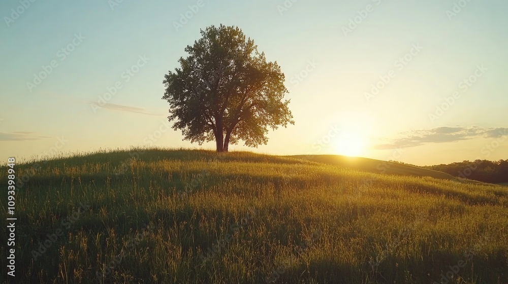 Solitary oak tree silhouetted against a vibrant sunset in a lush green meadow creating a serene summer evening landscape. Solitary oak tree silhouetted against a vibrant sunset in a lush green meadow creating a serene summer evening landscape.