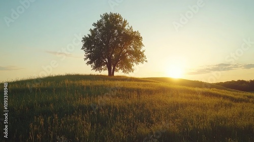 Fototapeta Naklejka Na Ścianę i Meble -  Solitary oak tree silhouetted against a vibrant sunset in a lush green meadow creating a serene summer evening landscape.