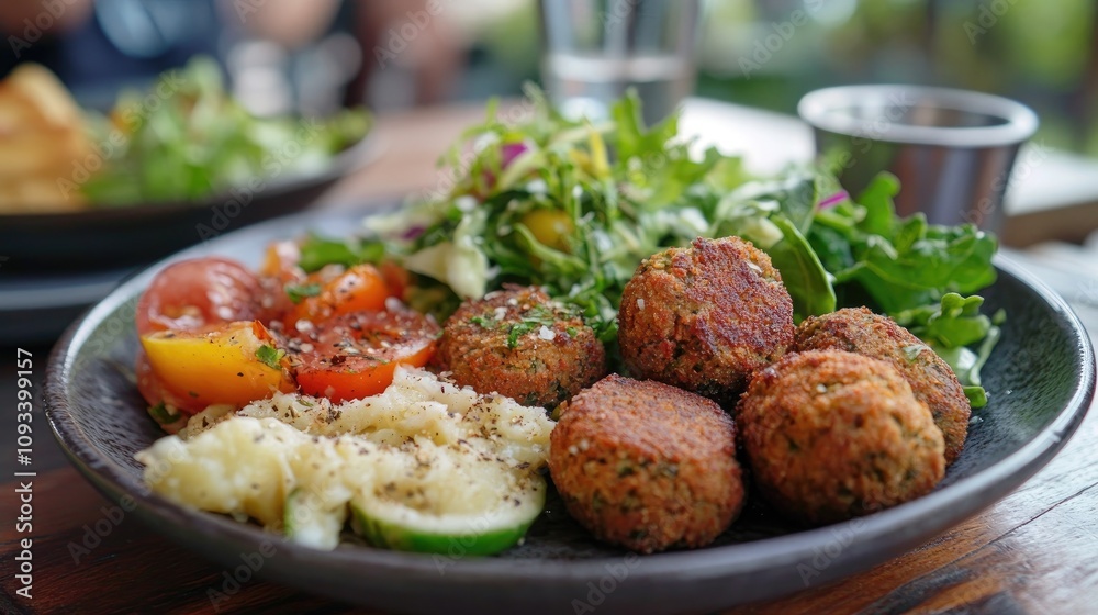 Crispy falafel balls garnished with herbs alongside a vibrant salad of fresh greens, ripe tomatoes, and a side of creamy dip on a dark plate. Crispy falafel balls garnished with herbs alongside a vibrant salad of fresh greens, ripe tomatoes, and a side of creamy dip on a dark plate.