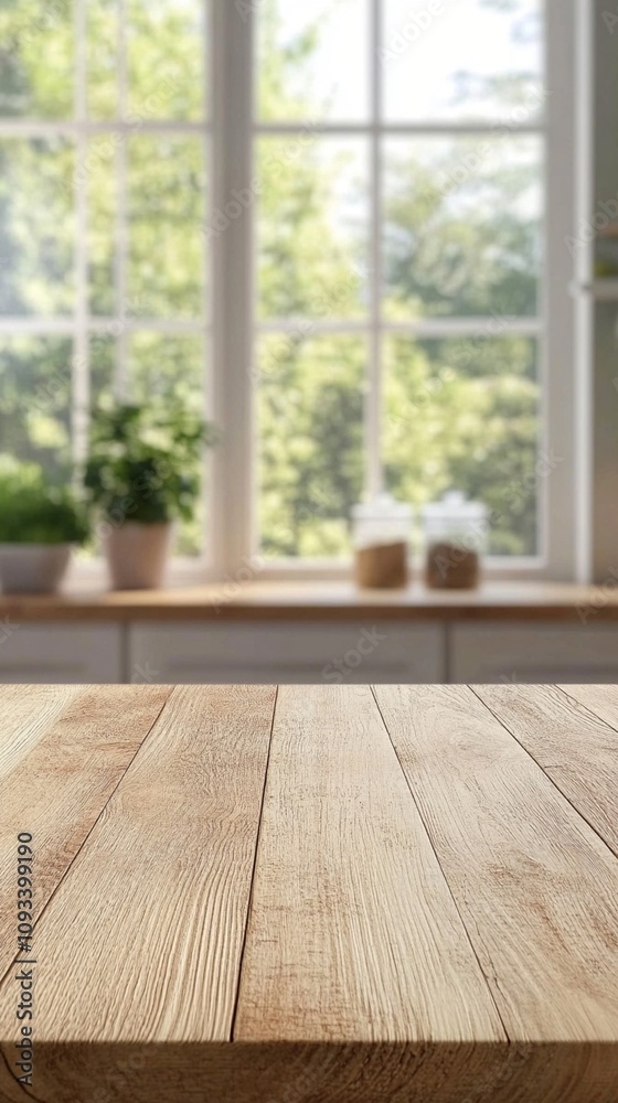 Rustic wooden table surface in foreground, with bright window view of lush garden beyond, creating a serene and inviting home atmosphere. Rustic wooden table surface in foreground, with bright window view of lush garden beyond, creating a serene and inviting home atmosphere.
