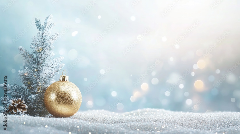 Gold Christmas ornament beside a frosted pine tree with snow, set against a dreamy bokeh background featuring soft light and sparkling decorations. Gold Christmas ornament beside a frosted pine tree with snow, set against a dreamy bokeh background featuring soft light and sparkling decorations.