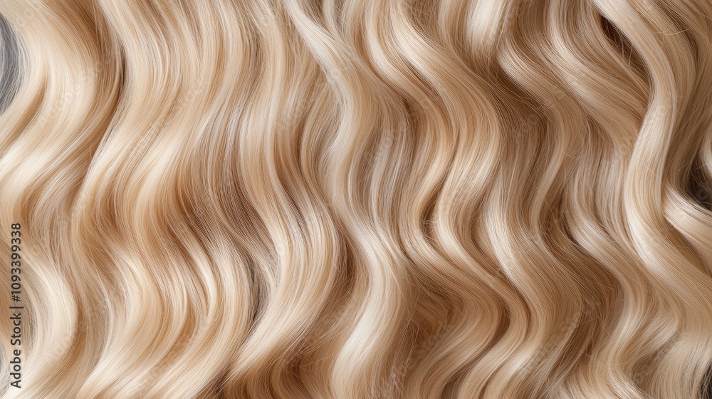 Curly blonde hairstyle showcasing wavy locks with a glossy finish, highlighting hair extensions and color treatment against a neutral grey background. Curly blonde hairstyle showcasing wavy locks with a glossy finish, highlighting hair extensions and color treatment against a neutral grey background.