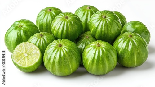 Fresh green Chirayta, also known as the king of bitters, arranged in a bunch on a white background with a halved fruit showcasing its vibrant interior. photo