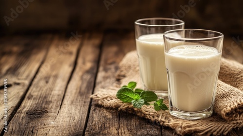 Refreshing milk served in clear glasses, placed on a rustic wooden table with burlap and mint leaves, ideal for a healthy beverage theme.