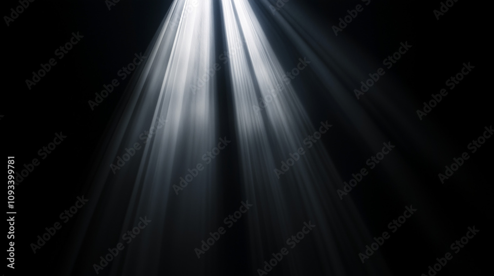 White light beam on a black background, with light from the side, a spotlight, and light streaks and rays White light beam on a black background, with light from the side, a spotlight, and light streaks and rays