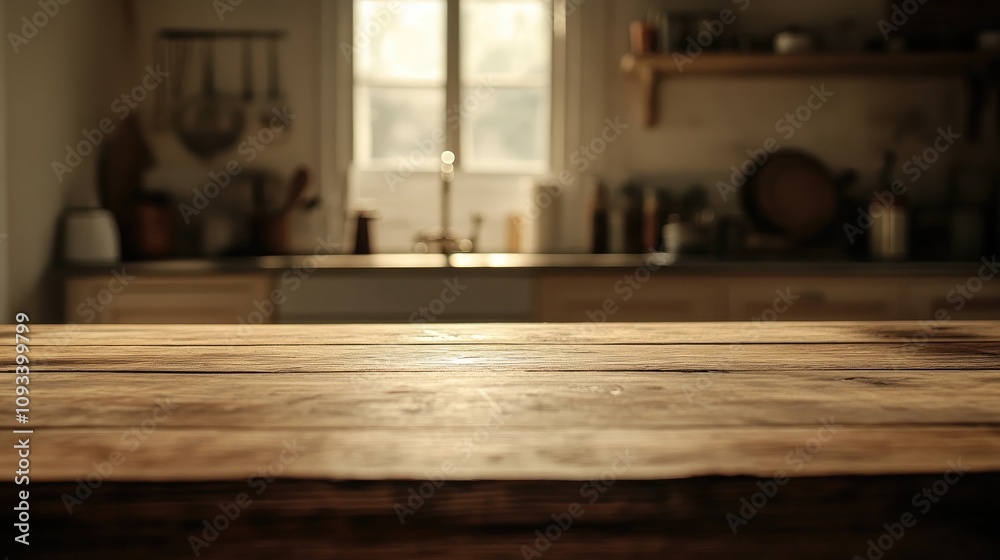 Warm wooden tabletop in a softly blurred kitchen setting, featuring an inviting empty surface illuminated by soft natural light through a nearby window. Warm wooden tabletop in a softly blurred kitchen setting, featuring an inviting empty surface illuminated by soft natural light through a nearby window.