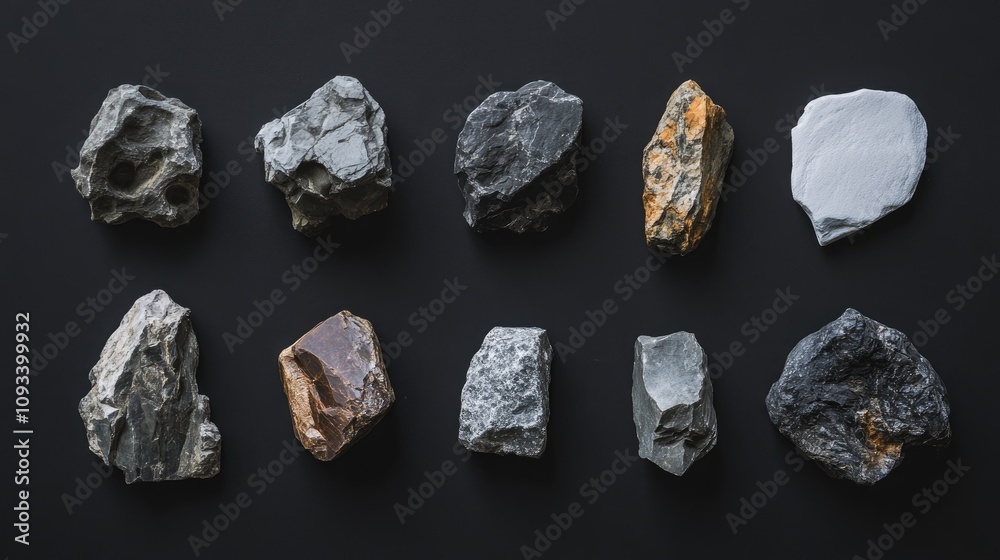 Variety of dark grey natural stones arranged on a black surface showcasing geological textures and colors, perfect for educational and study purposes Variety of dark grey natural stones arranged on a black surface showcasing geological textures and colors, perfect for educational and study purposes