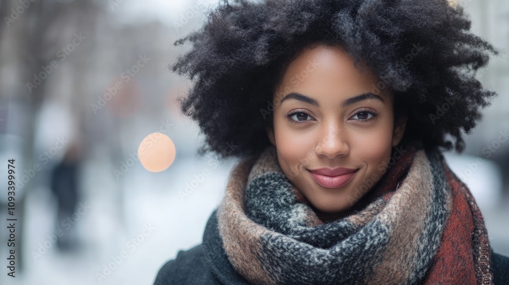 Elegant woman with a radiant smile wearing a cozy vintage scarf on a chilly day, against a softly blurred winter city background. Elegant woman with a radiant smile wearing a cozy vintage scarf on a chilly day, against a softly blurred winter city background.