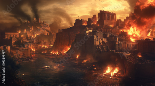 The destruction of Troy, with the city engulfed in flames, crumbling walls, and survivors fleeing in despair