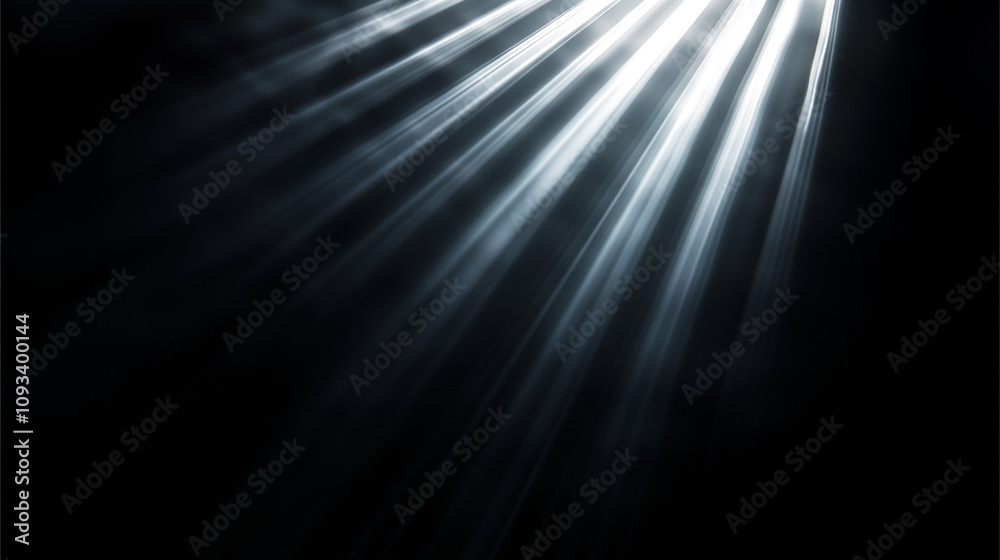 White light beam on a black background, with light from the side, a spotlight, and light streaks and rays White light beam on a black background, with light from the side, a spotlight, and light streaks and rays