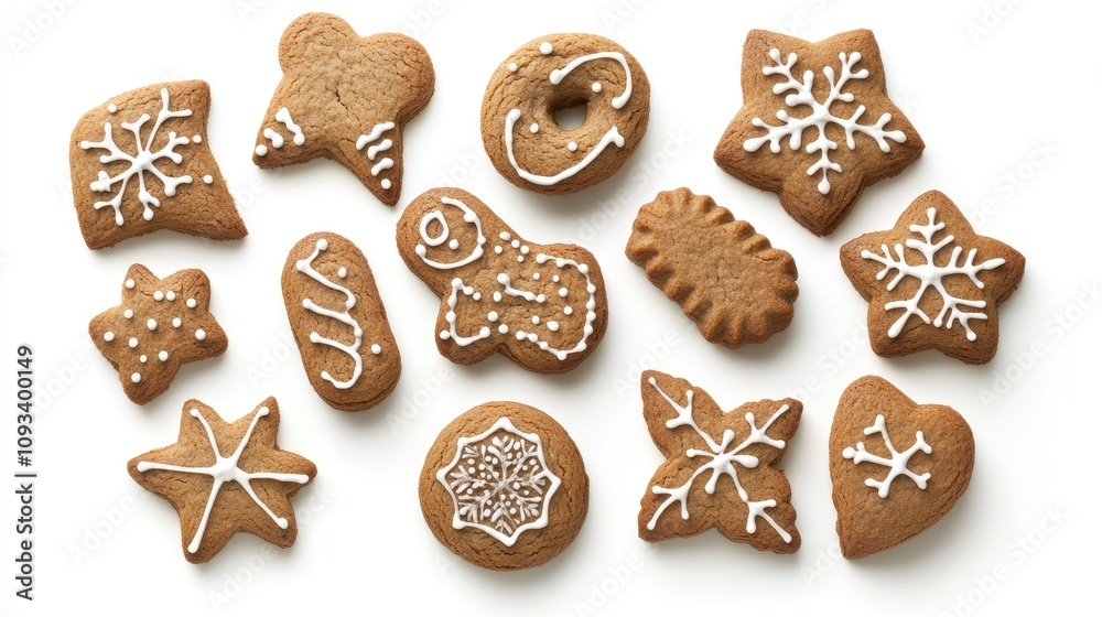 Festive gingerbread cookies in various shapes including stars, snowflakes, and gingerbread men arranged on a white background, ideal for holiday themes and recipes.