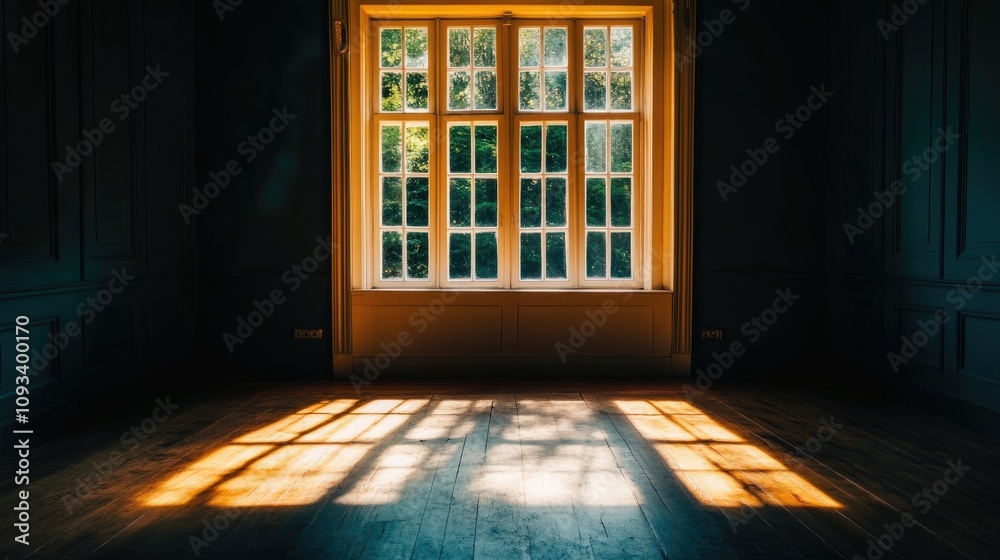 Vacant room bathed in sunlight with wooden flooring and dark walls, highlighting renovation potential in a nostalgic, aged space. Vacant room bathed in sunlight with wooden flooring and dark walls, highlighting renovation potential in a nostalgic, aged space.