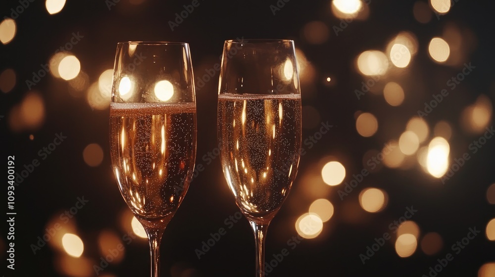 Champagne glasses filled with bubbly against a dark backdrop sparkling with bokeh lights, creating a festive celebration atmosphere with space for text. Champagne glasses filled with bubbly against a dark backdrop sparkling with bokeh lights, creating a festive celebration atmosphere with space for text.