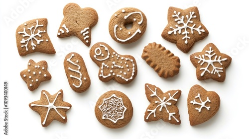 Festive gingerbread cookies in various shapes including stars, snowflakes, and gingerbread men arranged on a white background, ideal for holiday themes and recipes.