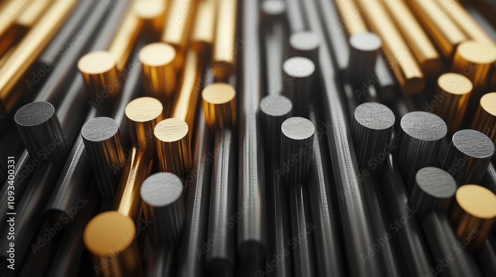 Metal rods in an organized arrangement showcasing a blend of smooth black and metallic gold finishes, emphasizing texture suitable for construction and manufacturing.