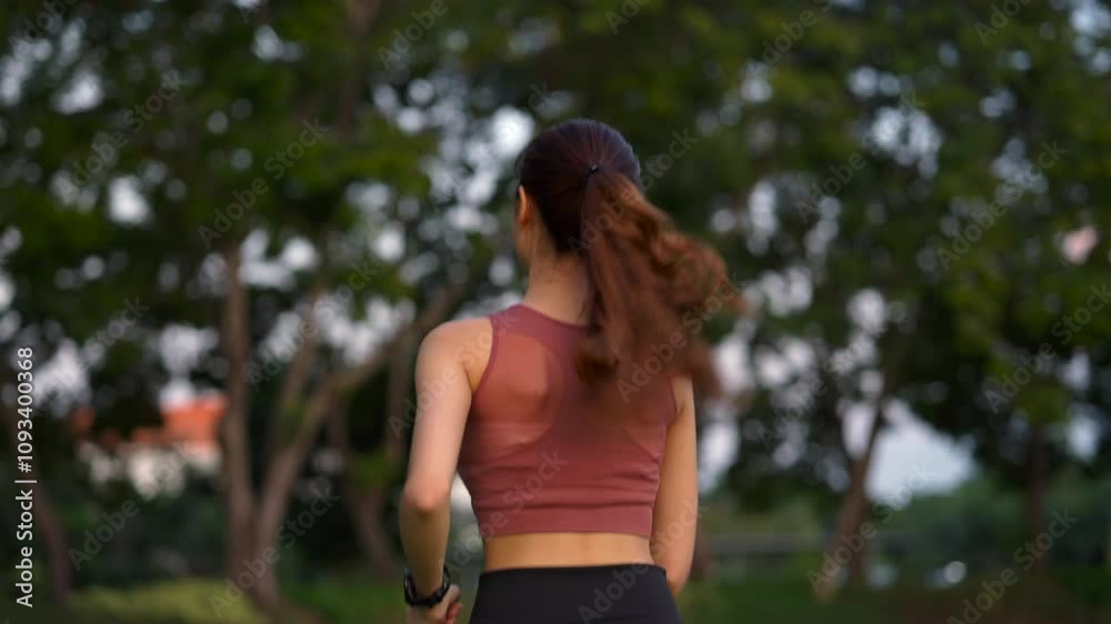 Happy fitness woman running outdoor through beautiful morning sunlight in park, cheerful athlete girl enjoy jogging exercise morning routine in motivation healthy life concept. Happy fitness woman running outdoor through beautiful morning sunlight in park, cheerful athlete girl enjoy jogging exercise morning routine in motivation healthy life concept.