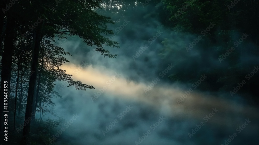 Dense Morning Fog Shrouding a Mystical Forest With Rays of Muted Light Piercing Through