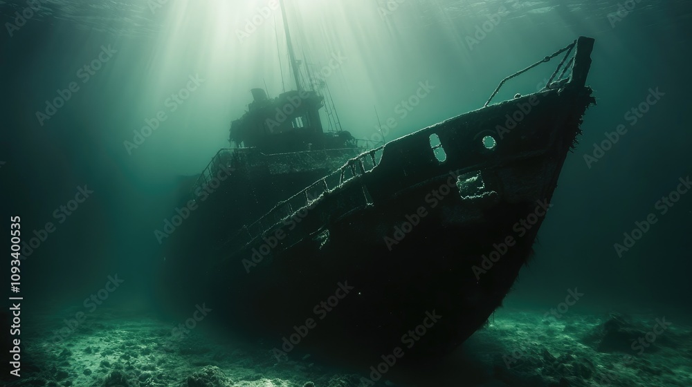 Haunting underwater scene showcasing a ghostly ship resting on the seafloor, illuminated by ethereal sunbeams filtering through dark waters. Haunting underwater scene showcasing a ghostly ship resting on the seafloor, illuminated by ethereal sunbeams filtering through dark waters.
