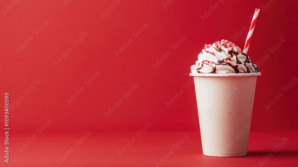 Peppermint mocha blended with chocolate and coffee topped with whipped cream and a straw in a disposable cup set against a vibrant red background Peppermint mocha blended with chocolate and coffee topped with whipped cream and a straw in a disposable cup set against a vibrant red background