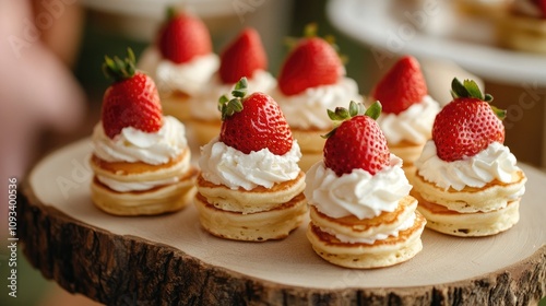 Mini pancakes stacked and topped with whipped cream and fresh strawberries, beautifully arranged on a rustic wooden board for a children's party setting.