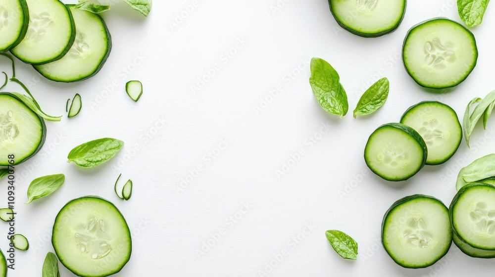 Sliced fresh cucumbers arranged on a clean white background with scattered mint leaves, creating a refreshing and vibrant culinary scene. Sliced fresh cucumbers arranged on a clean white background with scattered mint leaves, creating a refreshing and vibrant culinary scene.