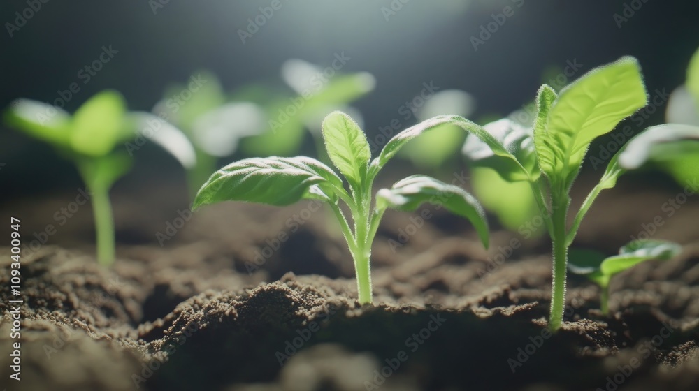 Young seedlings sprouting from rich soil with bright green leaves illuminated by soft sunlight in a well-maintained agricultural setting.