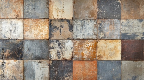 Vintage patchwork tiles with a rusty, worn texture on a stone and cement wall, showcasing a distinctive and unique background panorama.