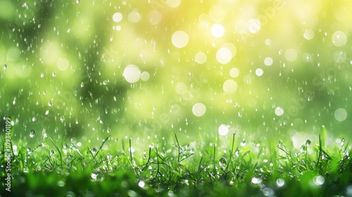 Lush green forest under gentle rainfall with sparkling droplets on grass, featuring a serene blurred background and soft bokeh lighting.