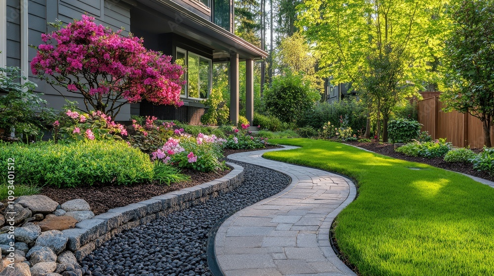 Lush garden landscape with a curvy stone pathway, vibrant blooming flowers, and soft ambient lighting creating an inviting atmosphere by a modern home. Lush garden landscape with a curvy stone pathway, vibrant blooming flowers, and soft ambient lighting creating an inviting atmosphere by a modern home.