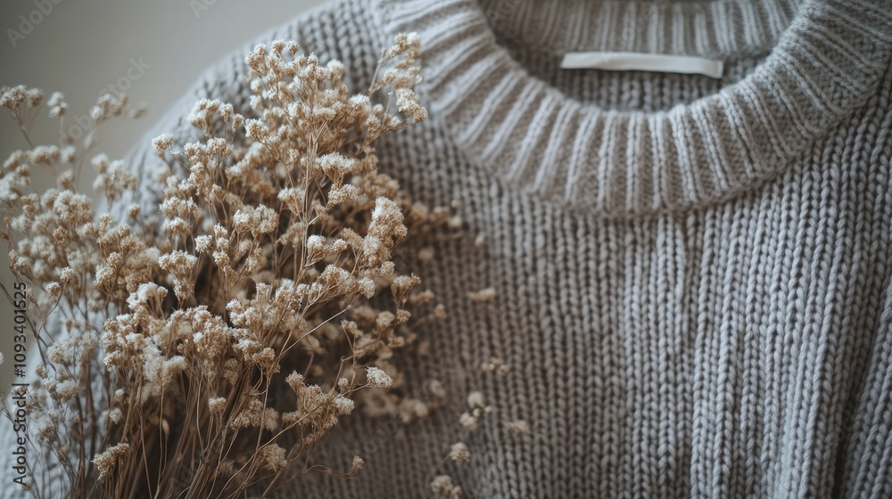 Cozy gray knit sweater with white accents paired with decorative dried flowers, showcasing a blend of textures and ample copy space for design use. Cozy gray knit sweater with white accents paired with decorative dried flowers, showcasing a blend of textures and ample copy space for design use.