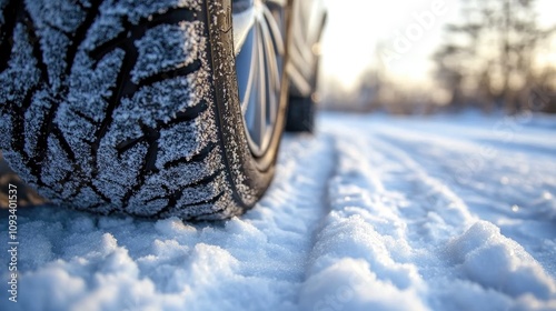 Close-up of winter tire treads gripping a snow-covered road, showcasing detailed patterns and icy conditions in a winter landscape. photo