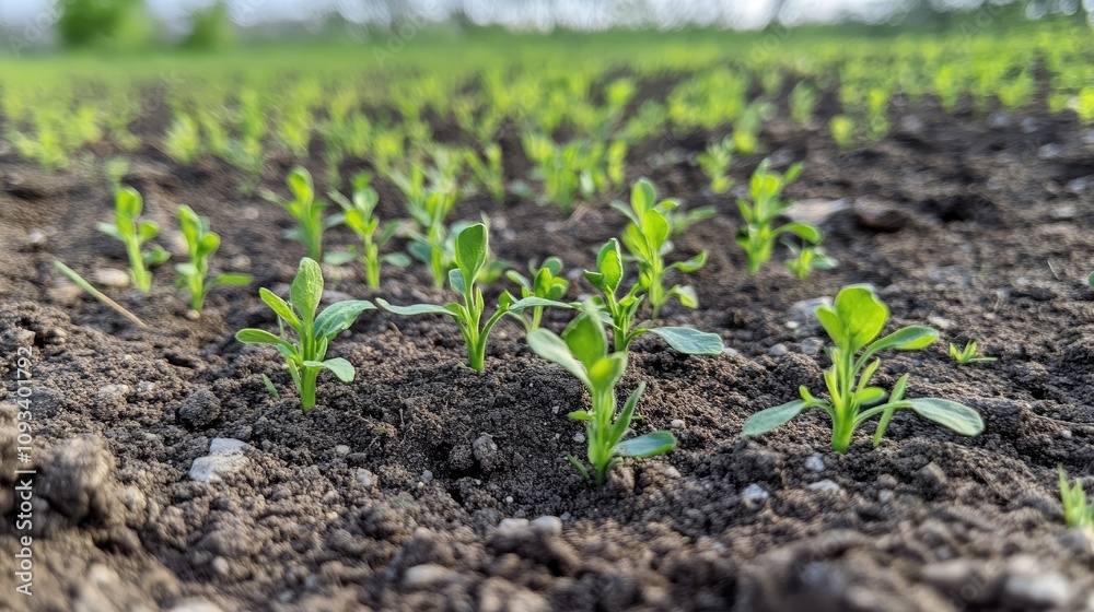 Young green plant sprouts developing in rich brown soil, showcasing vibrant growth with additional nearby seedlings. Young green plant sprouts developing in rich brown soil, showcasing vibrant growth with additional nearby seedlings.
