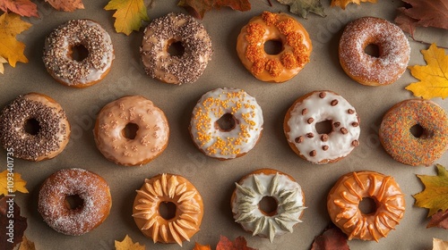 Autumn-themed doughnuts variety featuring iced and sprinkled designs on a flat lay with colorful fall leaves, showcasing seasonal baking treats.