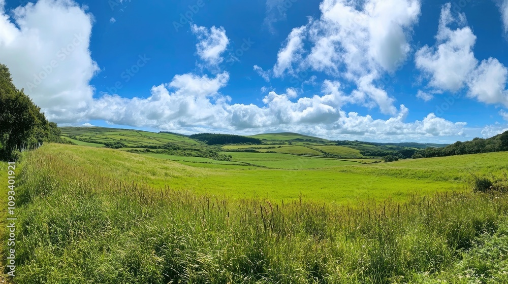 Lush green fields stretch across the serene summer landscape beneath a brilliant blue sky filled with fluffy white clouds. Lush green fields stretch across the serene summer landscape beneath a brilliant blue sky filled with fluffy white clouds.