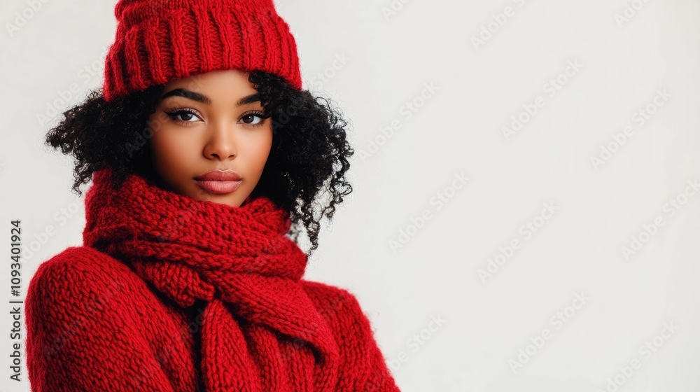 Young woman with natural curls wearing a vibrant red knitted sweater, scarf, and hat, posing elegantly against a bright white background. Young woman with natural curls wearing a vibrant red knitted sweater, scarf, and hat, posing elegantly against a bright white background.