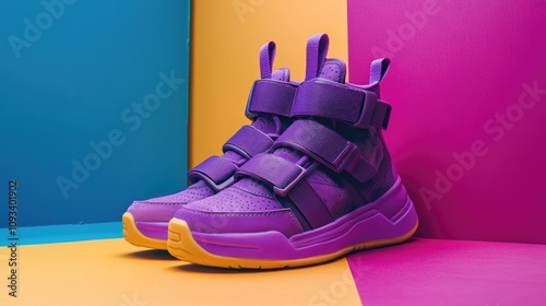 Vibrant purple sneakers with adjustable straps displayed against a bright, colorful backdrop, highlighting style and health-conscious living. photo