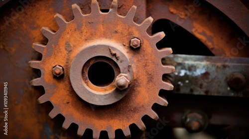 An aged industrial gear showcases its rust-coated texture, telling stories of time and mechanical history beyond its functionality. photo