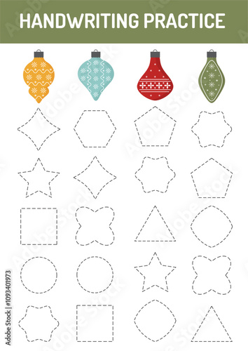 Tracing lines and learning shapes educational worksheet for children. Cute shapes handwriting for kids. Christmas educational learning activities, games for homeschooling, preschool teacher resources.
