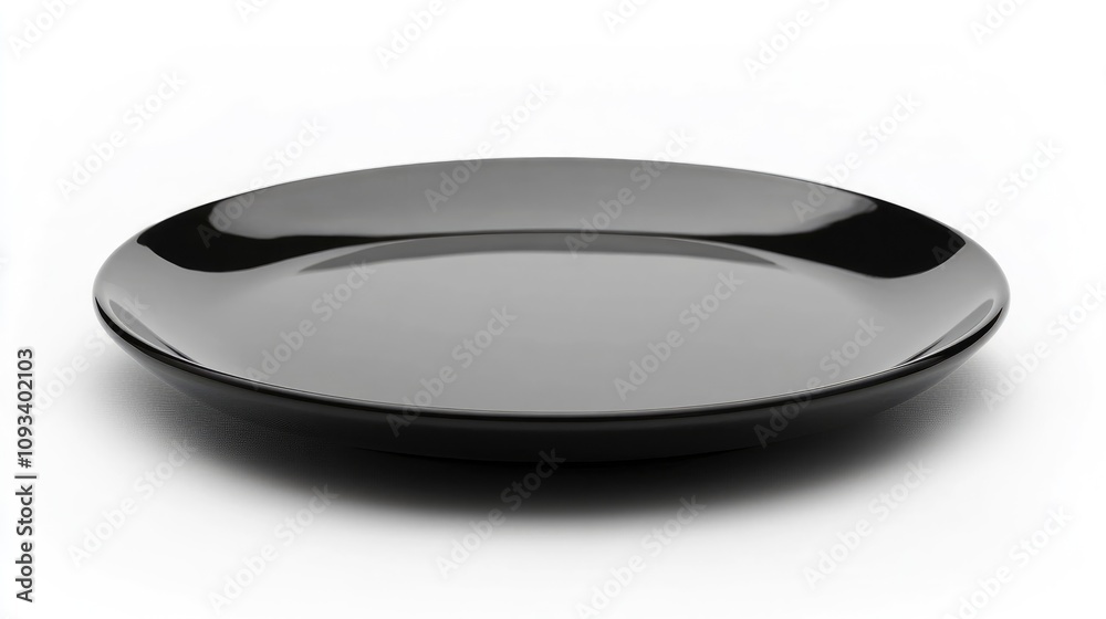 Elegant glossy black plate showcased against a clean white background, highlighting its sleek and modern design features. Elegant glossy black plate showcased against a clean white background, highlighting its sleek and modern design features.