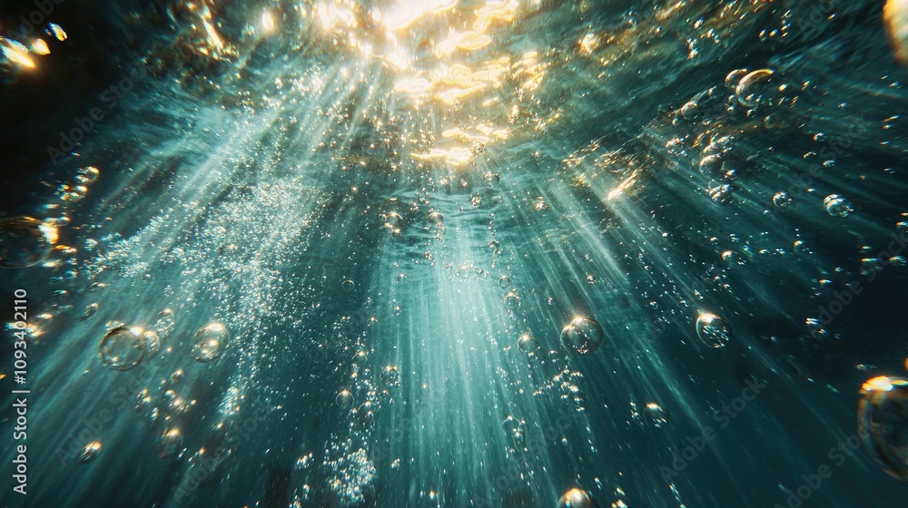 Underwater scene with shimmering bubbles and radiant beams of light illuminating the depths, creating a tranquil and magical atmosphere. Underwater scene with shimmering bubbles and radiant beams of light illuminating the depths, creating a tranquil and magical atmosphere.