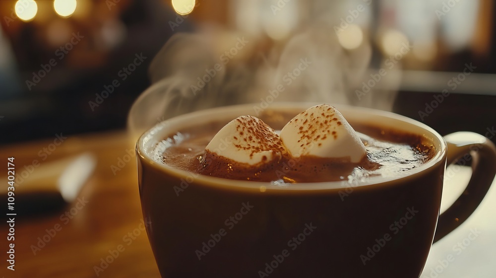 This close-up photograph captures a decadent cup of gourmet hot chocolate, adorned with a marshmallow. The steaming drink is placed on a wooden table in a cozy caf? setting This close-up photograph captures a decadent cup of gourmet hot chocolate, adorned with a marshmallow. The steaming drink is placed on a wooden table in a cozy caf? setting