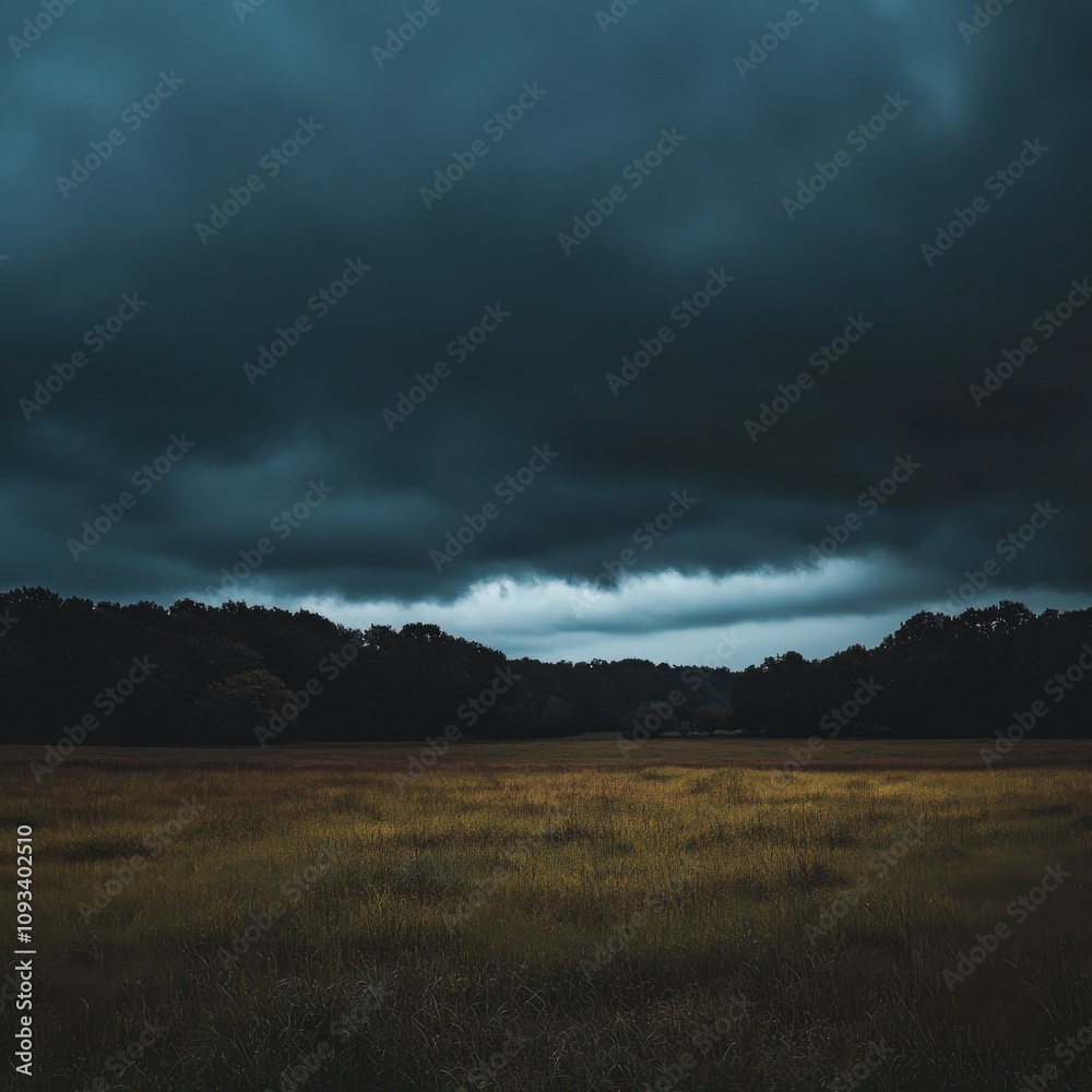 Very Dark Clouds Covering the Sky over a Meadow with a Tree Line in the Distance Very Dark Clouds Covering the Sky over a Meadow with a Tree Line in the Distance