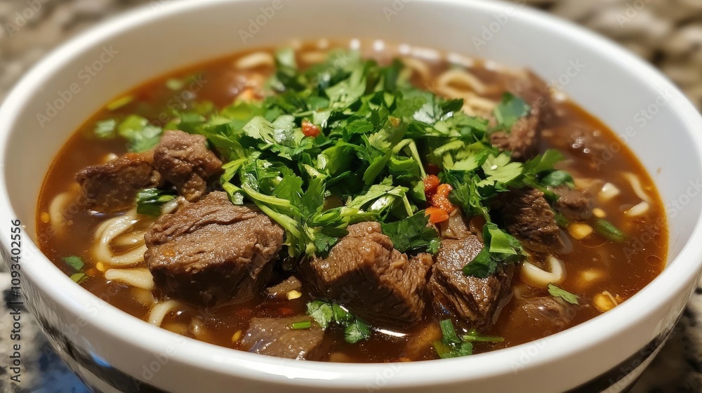 Savory beef noodle soup garnished with fresh herbs and chili, offering a comforting, satisfying meal perfect for any occasion. Savory beef noodle soup garnished with fresh herbs and chili, offering a comforting, satisfying meal perfect for any occasion.
