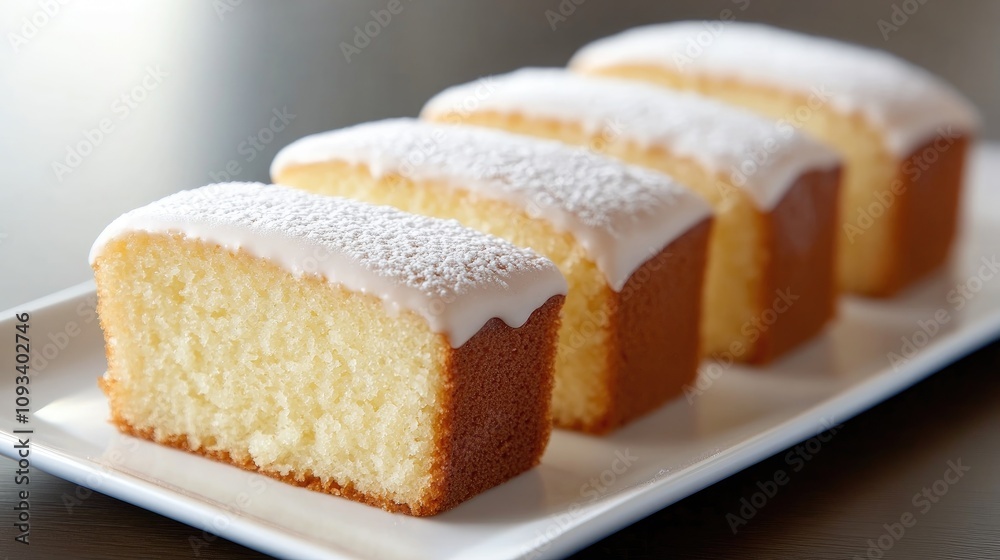 Moist lemon pound cake with a glossy powdered sugar glaze, beautifully sliced and arranged on a white plate for a delightful dessert presentation. Moist lemon pound cake with a glossy powdered sugar glaze, beautifully sliced and arranged on a white plate for a delightful dessert presentation.