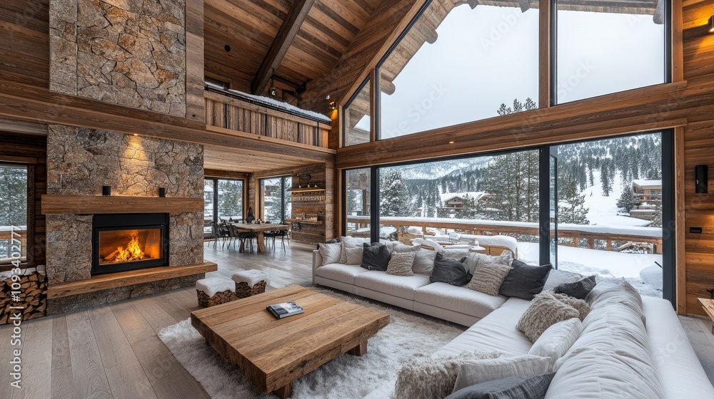Cozy mountain living room with a fireplace and snowy landscape outside. Cozy mountain living room with a fireplace and snowy landscape outside.