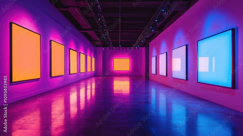Art exhibition showcasing illuminated empty frames with vibrant blue and pink lighting in a spacious gallery setting. Art exhibition showcasing illuminated empty frames with vibrant blue and pink lighting in a spacious gallery setting.