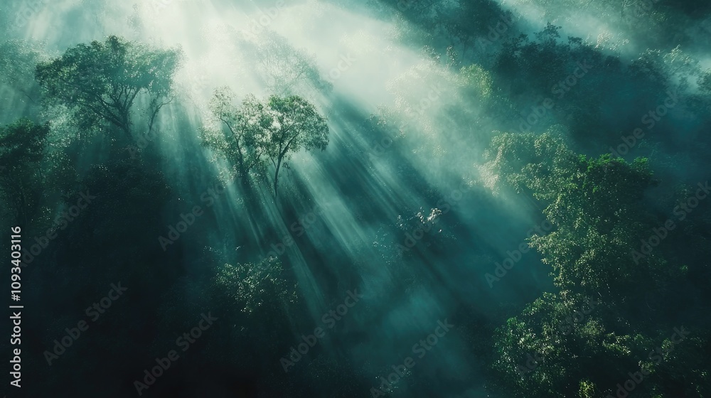 Aerial View of a Misty Rainforest at Dawn with Illuminating Sunlight Beams Breaking Through Dense Foliage and Fog Aerial View of a Misty Rainforest at Dawn with Illuminating Sunlight Beams Breaking Through Dense Foliage and Fog