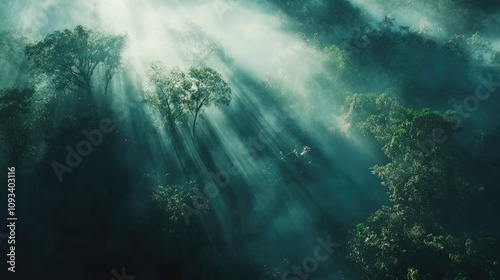 Wallpaper Mural Aerial View of a Misty Rainforest at Dawn with Illuminating Sunlight Beams Breaking Through Dense Foliage and Fog Torontodigital.ca